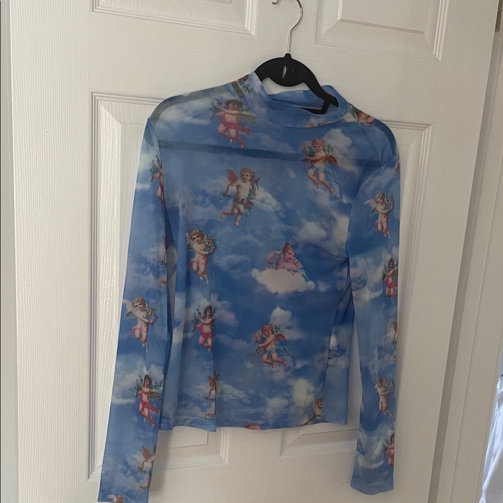 SHEIN Blue Angel Print Mesh Top